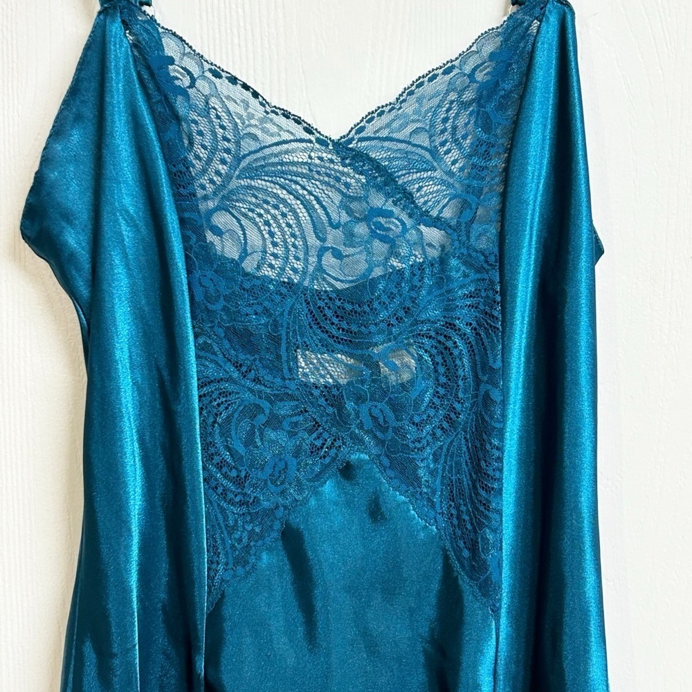Vintage Victoria’s Secret Gold Label 90’s Y2K Satin Teal Slip Dress Nightgown M - Picture 3 of 7